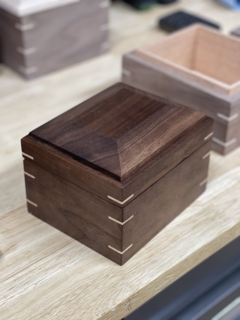 Walnut box with maple spline joints