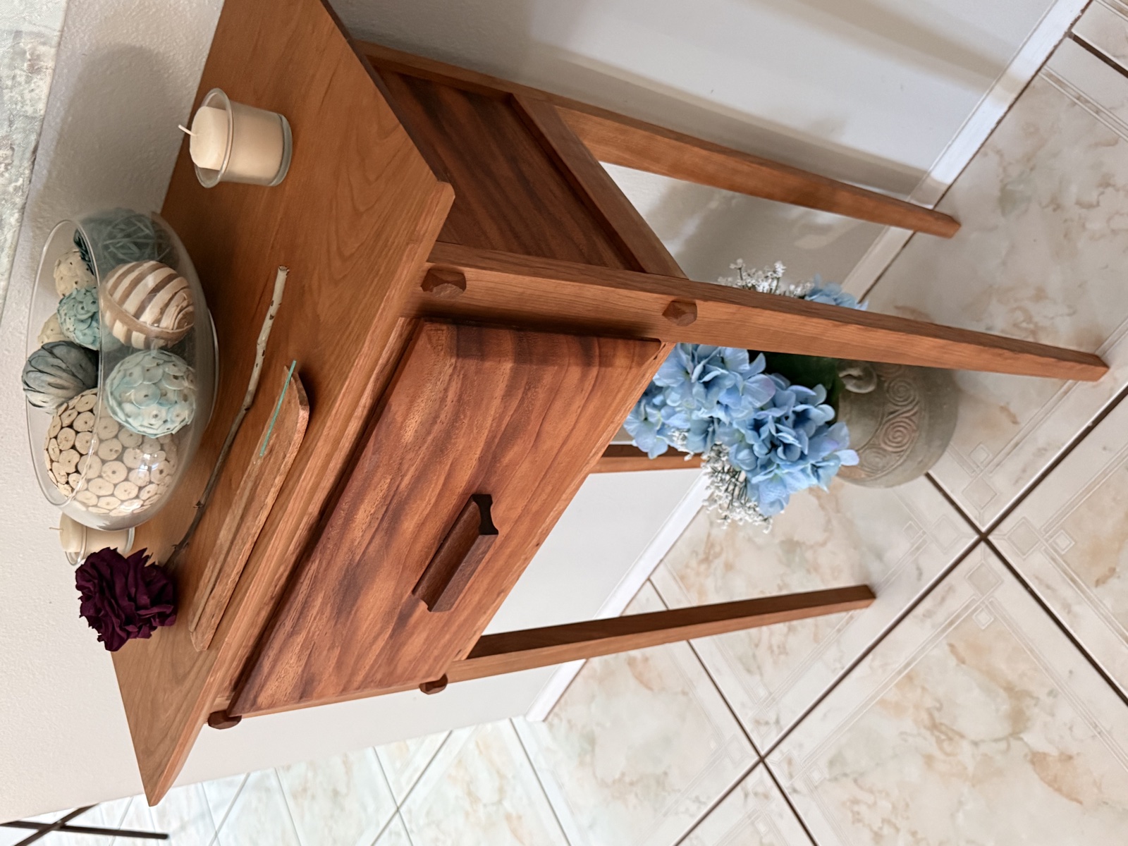 Ash and walnut side table with tapered legs