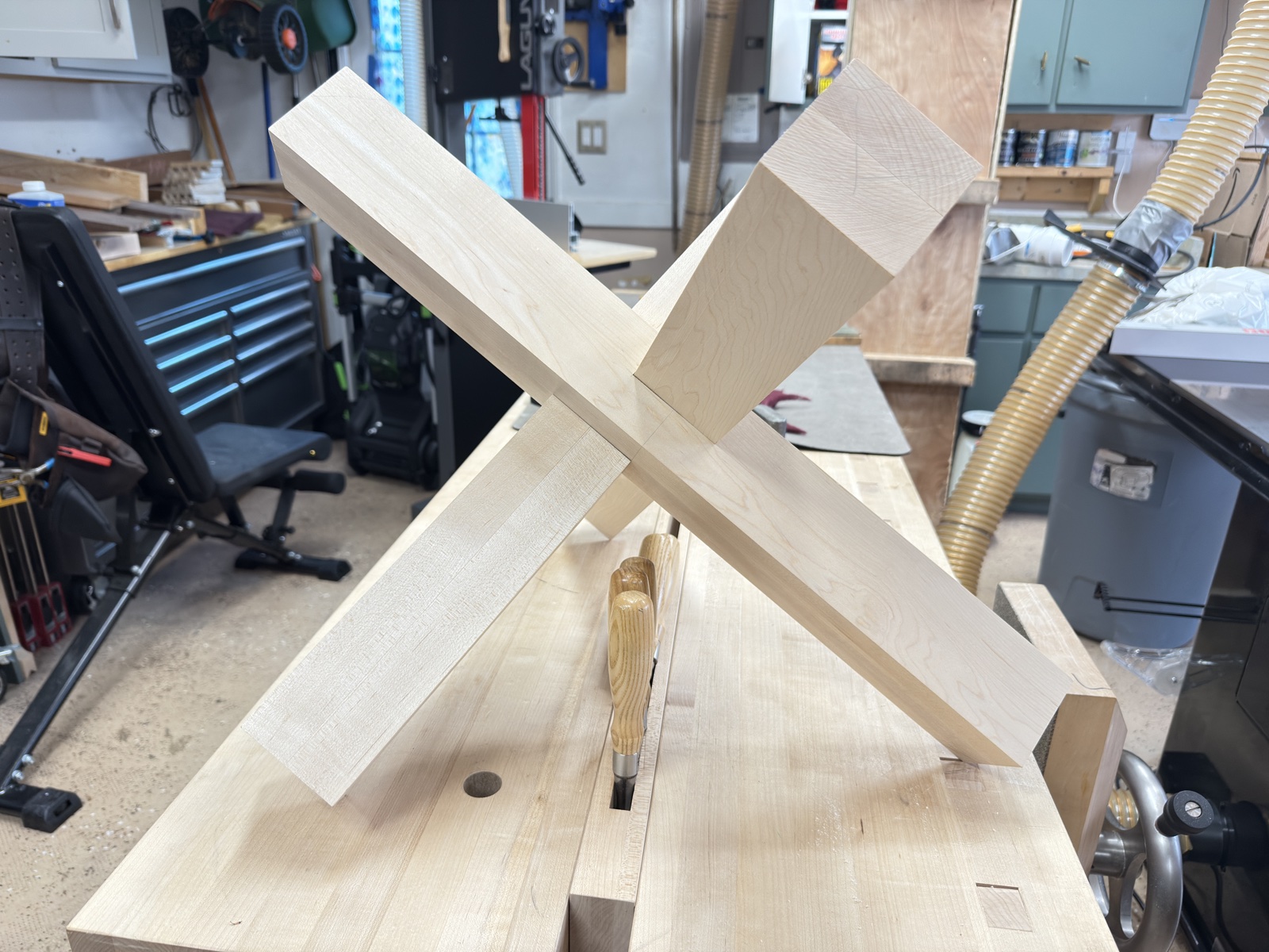 Three-way cross halving joint dry-fitted