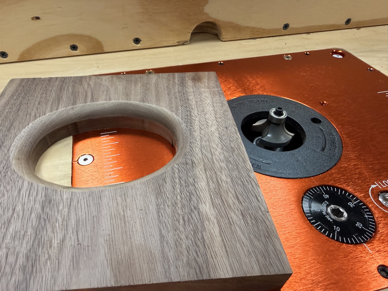 Routing circular inlay on walnut box lid